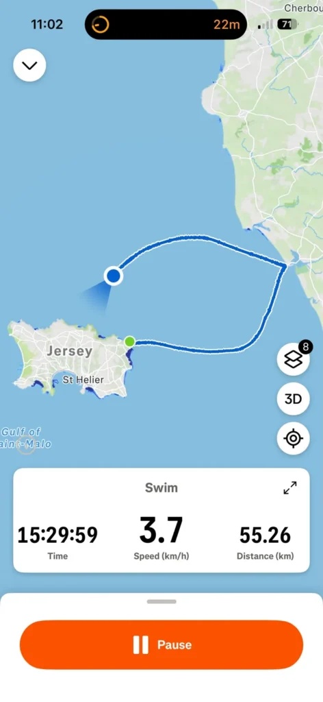 Strava track of the Jersey to France to Jersey two-way crossing showing the looping route